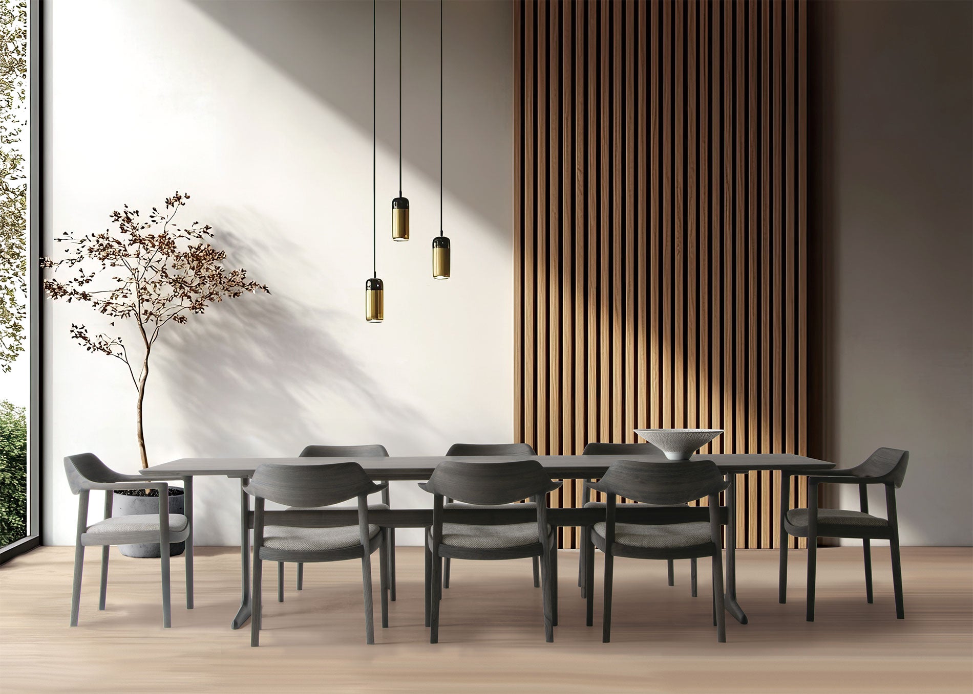 アームチェアー H、サイドチェアー H、T脚ソリッドテーブル 300×100 D 樹種・塗装:北海道ニレ 消炭 張地:ベントレー GY/F5