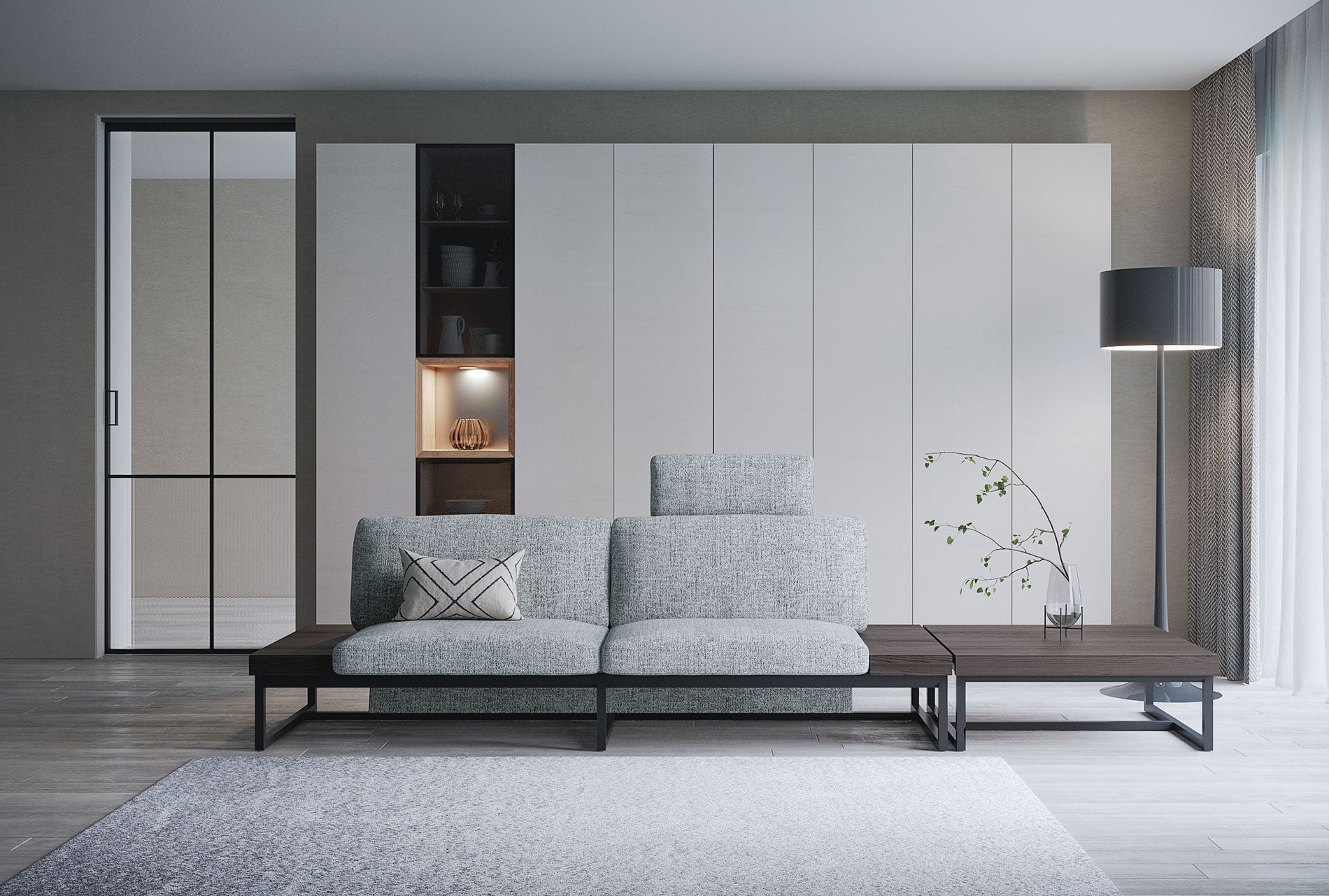 ソファー 240、ヘッドレスト　樹種・塗装：北海道タモ DGY　張地：ベラリア BG/F3